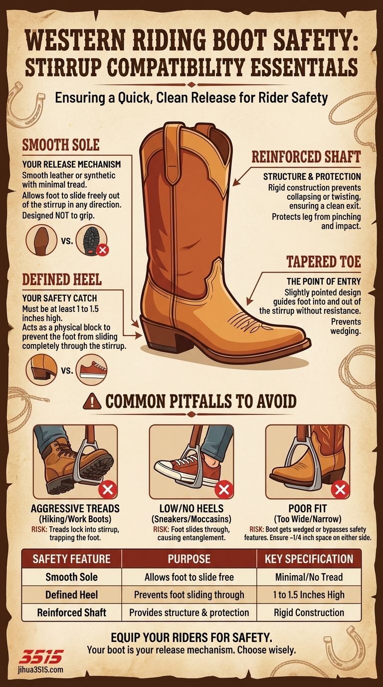 ما هي ميزات السلامة التي يجب أن تتمتع بها أحذية الركوب الغربية لتتوافق مع الركاب؟ تأكد من إمكانية تحرير سريعة وآمنة دليل مرئي