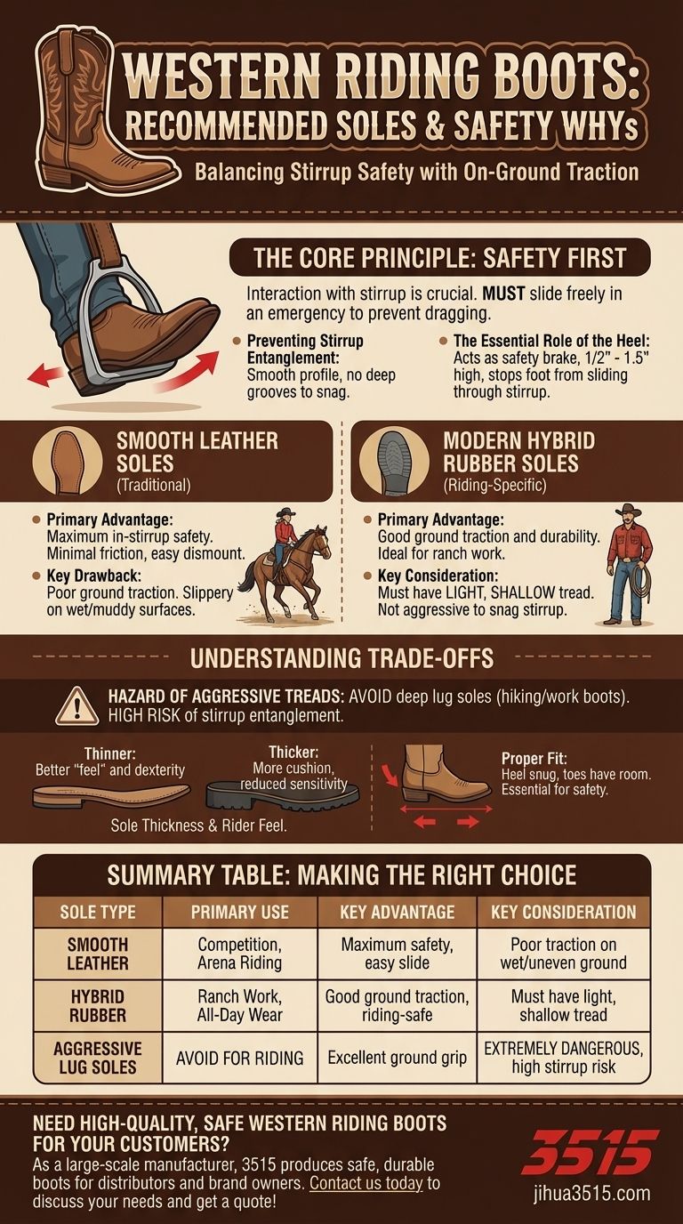 What types of soles are recommended for Western riding boots and why? Prioritize Safety and Performance Visual Guide