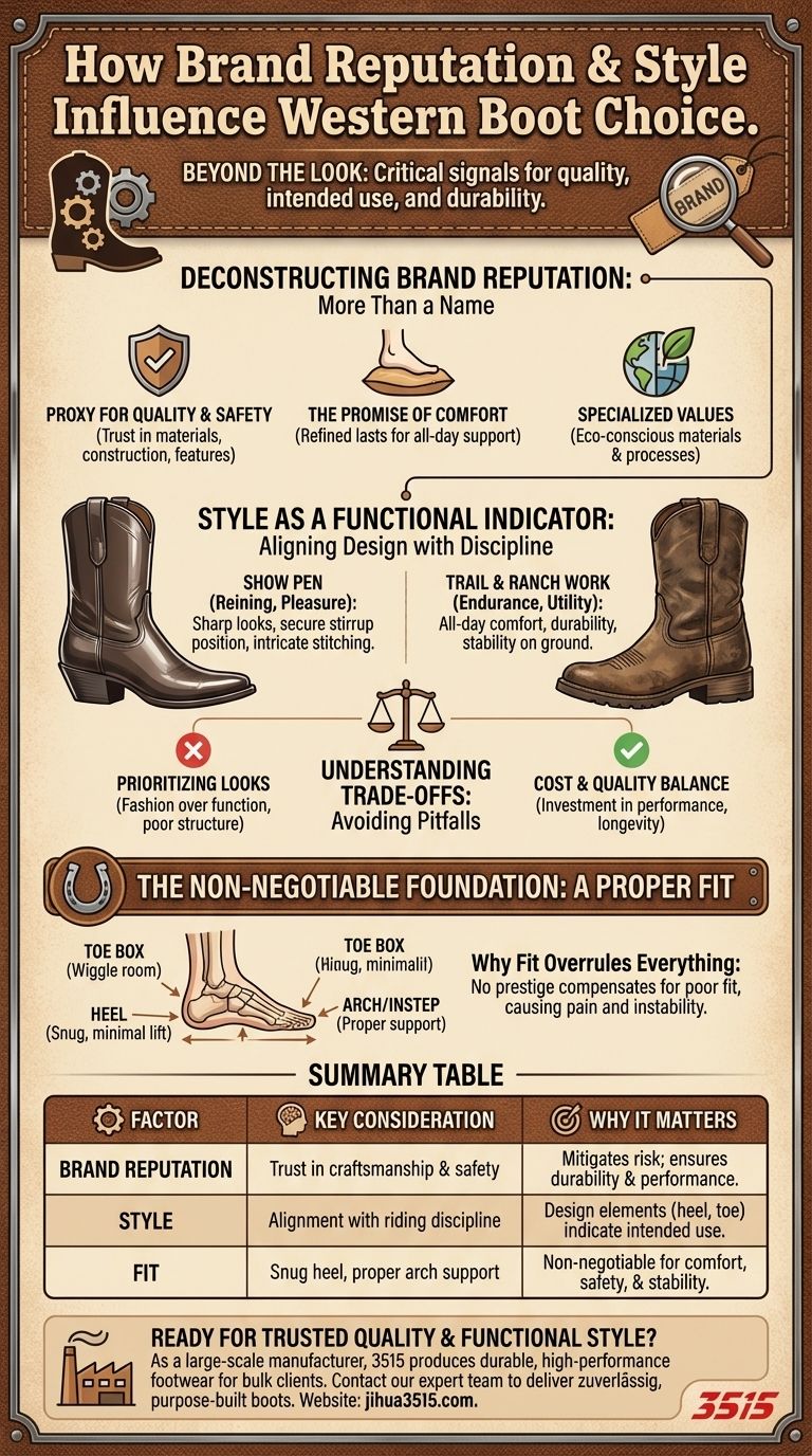 Come la reputazione del marchio e lo stile influenzano la scelta degli stivali da equitazione western? Una guida alla qualità, alla vestibilità e alla funzionalità Guida Visiva