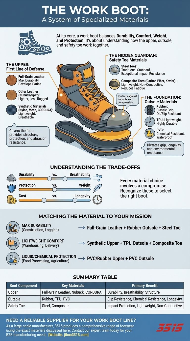 作業ブーツに使用される素材にはどのような種類がありますか？あなたの仕事に最適なブーツを選びましょう ビジュアルガイド