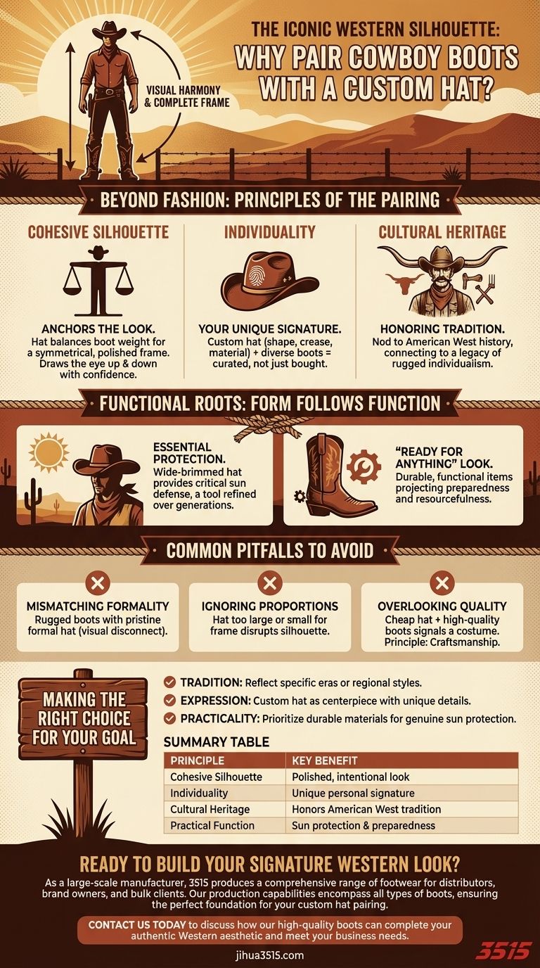 Perché gli stivali da cowboy dovrebbero essere abbinati a un cappello personalizzato? Padroneggia l'iconica silhouette western Guida Visiva