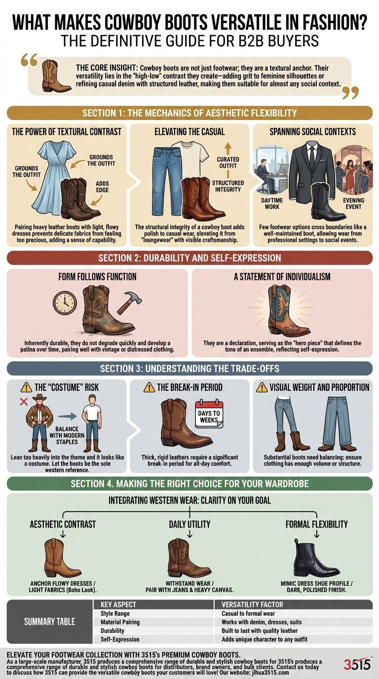 카우보이 부츠가 패션에서 다재다능한 이유는 무엇일까요? 보헤미안 시크부터 포멀 웨어까지 시각적 가이드