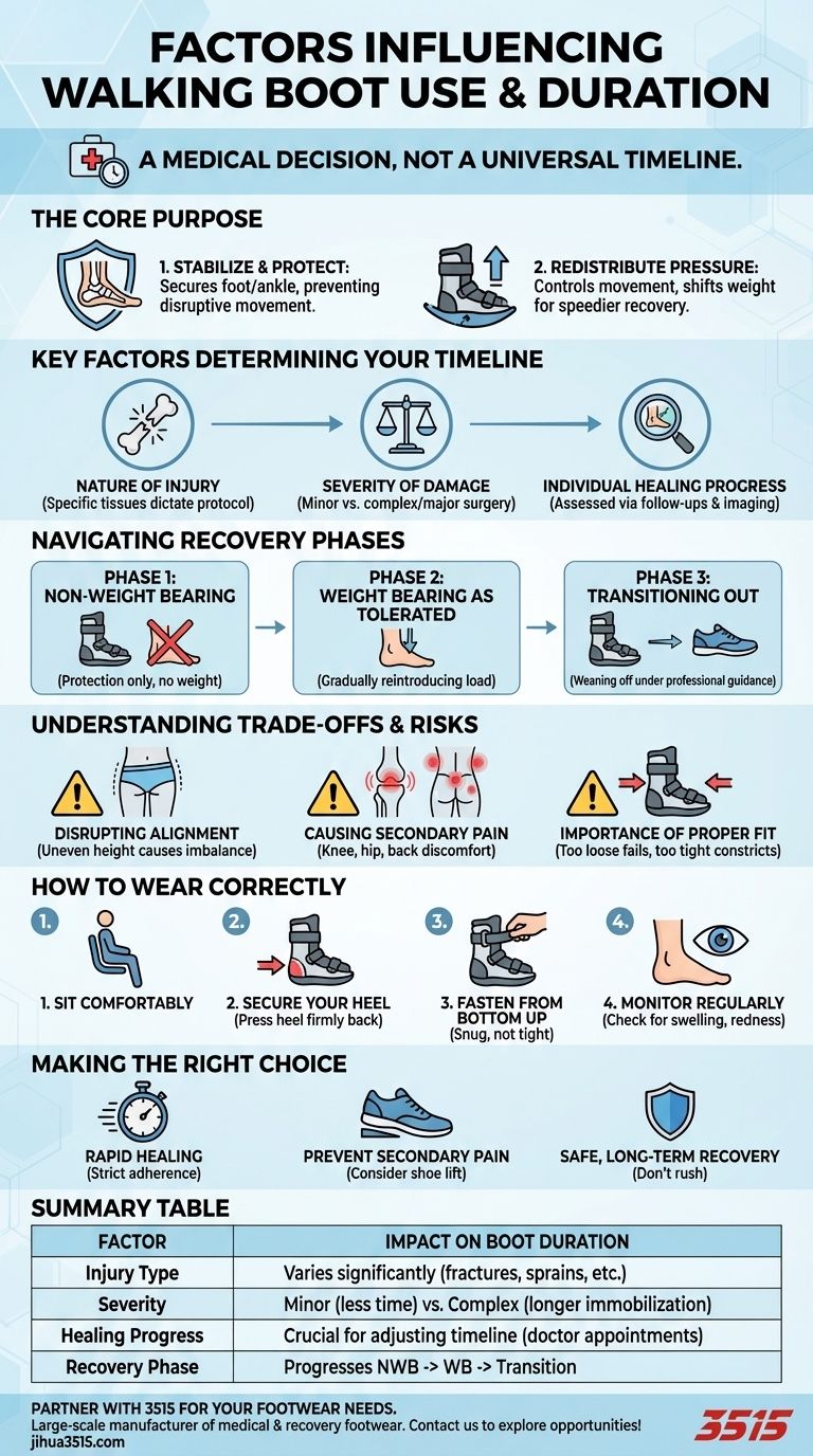 ウォーキングブーツの使用と装着期間に影響を与える要因は何ですか？回復期間を最適化しましょう ビジュアルガイド