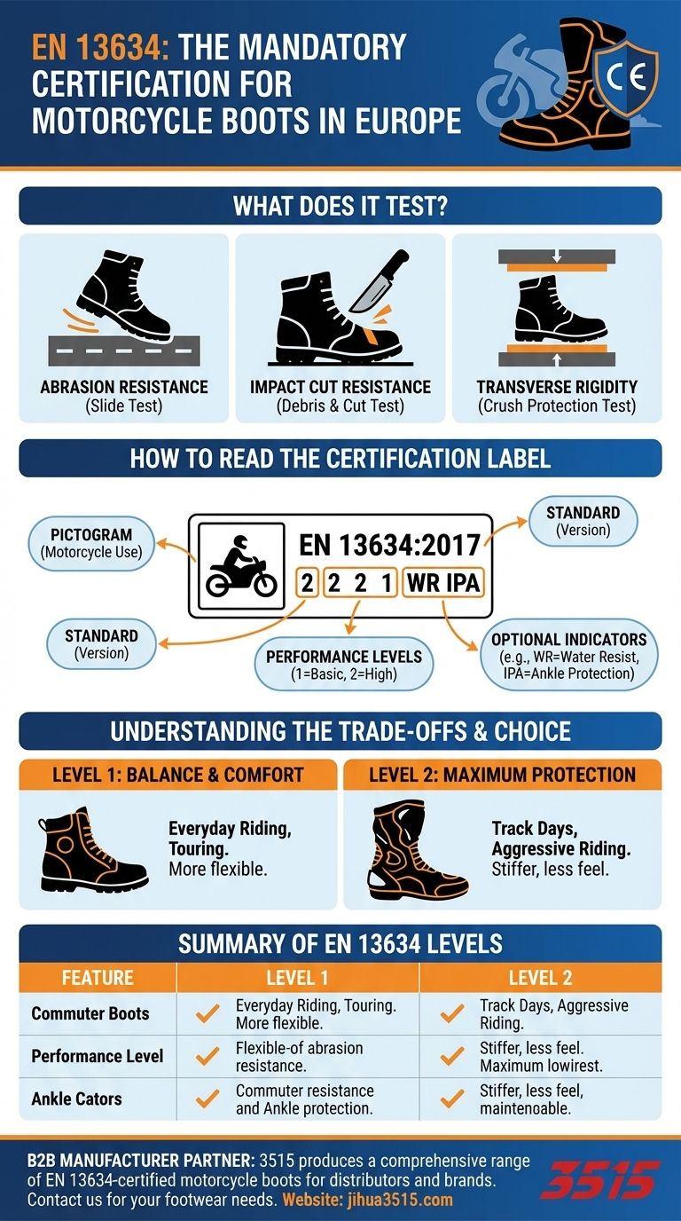 What certification is required for protective motorcycle boots in Europe? Your Guide to EN 13634 Safety Visual Guide