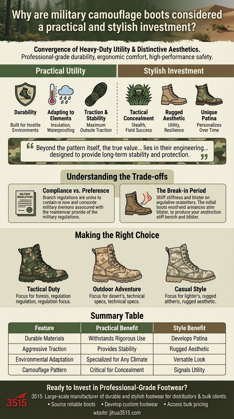 軍用迷彩ブーツは、実用的でスタイリッシュな投資と見なされるのはなぜですか？耐久性とスタイルの二重の利点を発見してください。 ビジュアルガイド