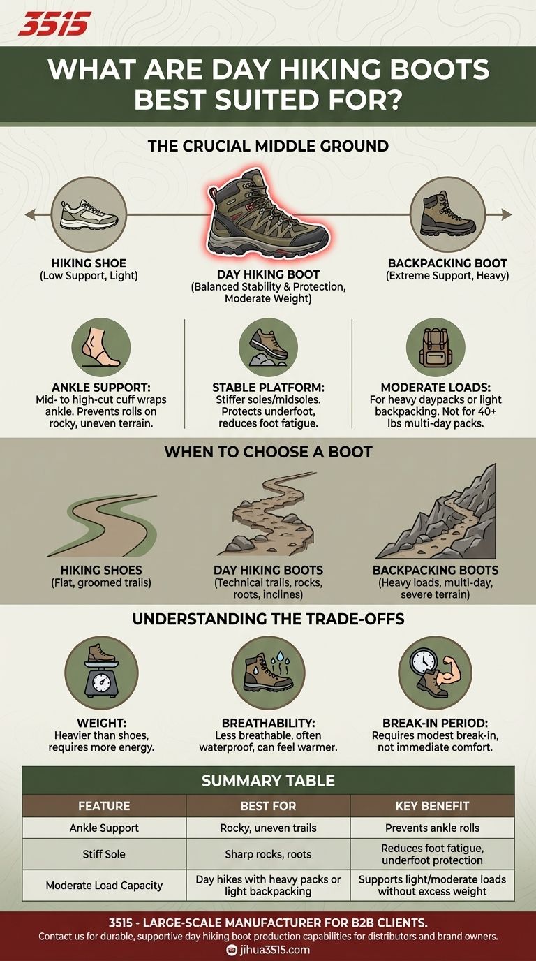 日帰りハイキングブーツはどのような用途に最適ですか？険しいトレイルに最適なフットウェア ビジュアルガイド