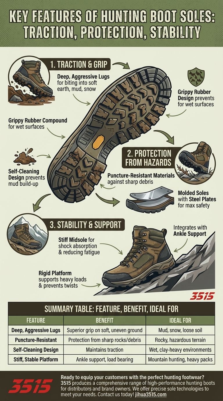 ¿Cuáles son las características clave de las suelas de estos zapatos y botas de caza? Desbloquee tracción y protección superiores Guía Visual