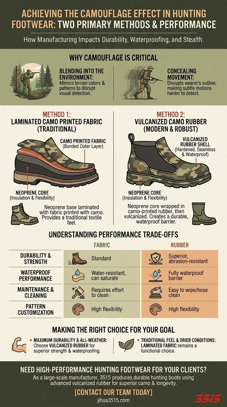 Comment l'effet de camouflage est-il obtenu dans ces chaussures et bottes de chasse ? Tissu laminé vs. Caoutchouc vulcanisé Guide Visuel