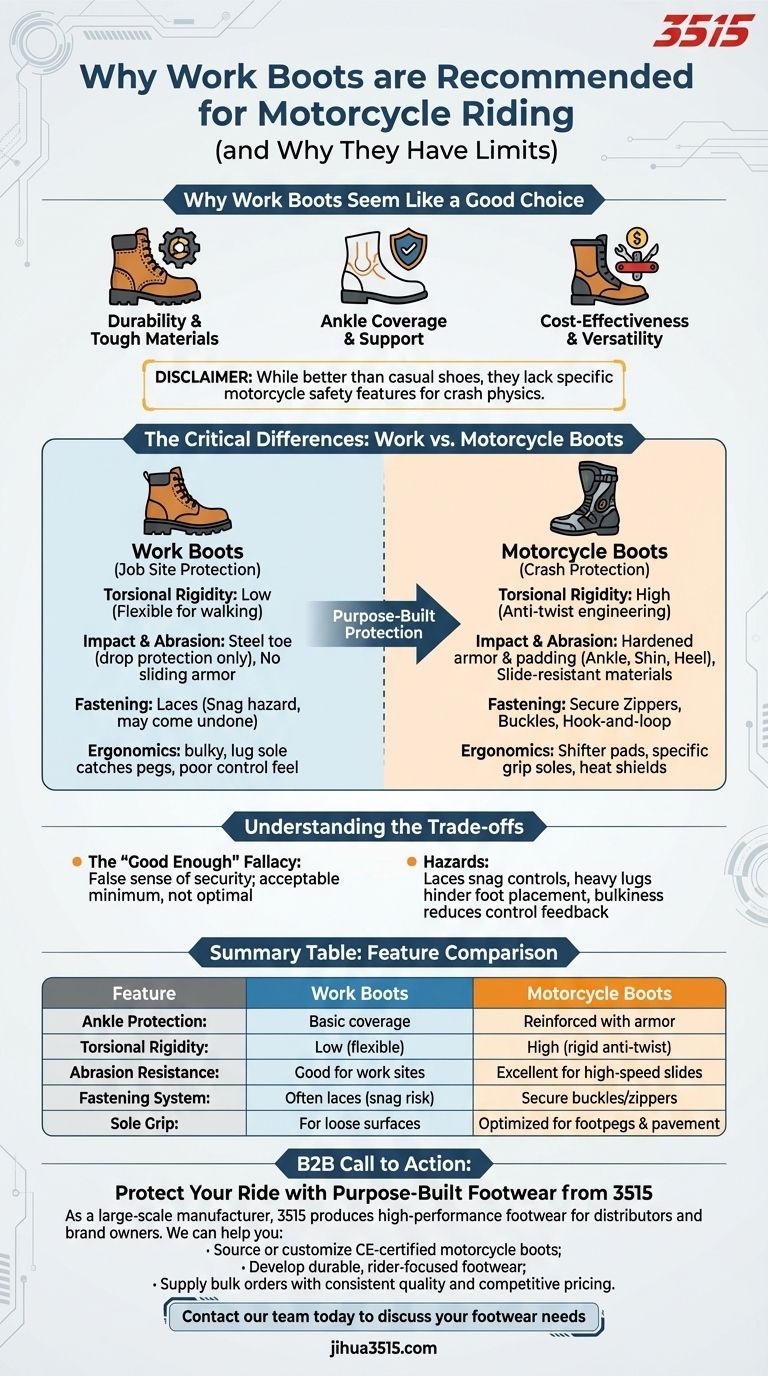 なぜバイクに乗る際にはワークブーツが推奨されるのでしょうか？スニーカーからの安全性の向上、しかし理想的ではない ビジュアルガイド