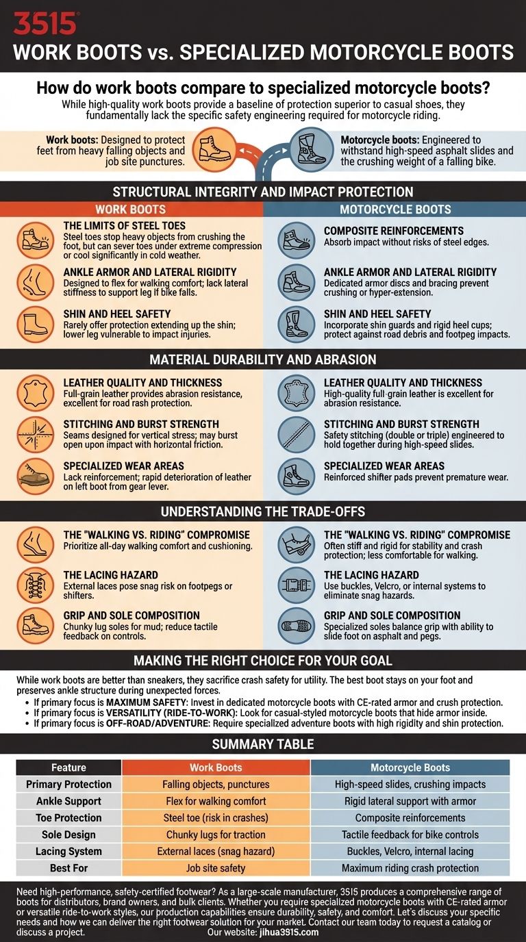 Как рабочие ботинки соотносятся со специализированными мотоциклетными ботинками? Понимание критических различий в безопасности Визуальное руководство