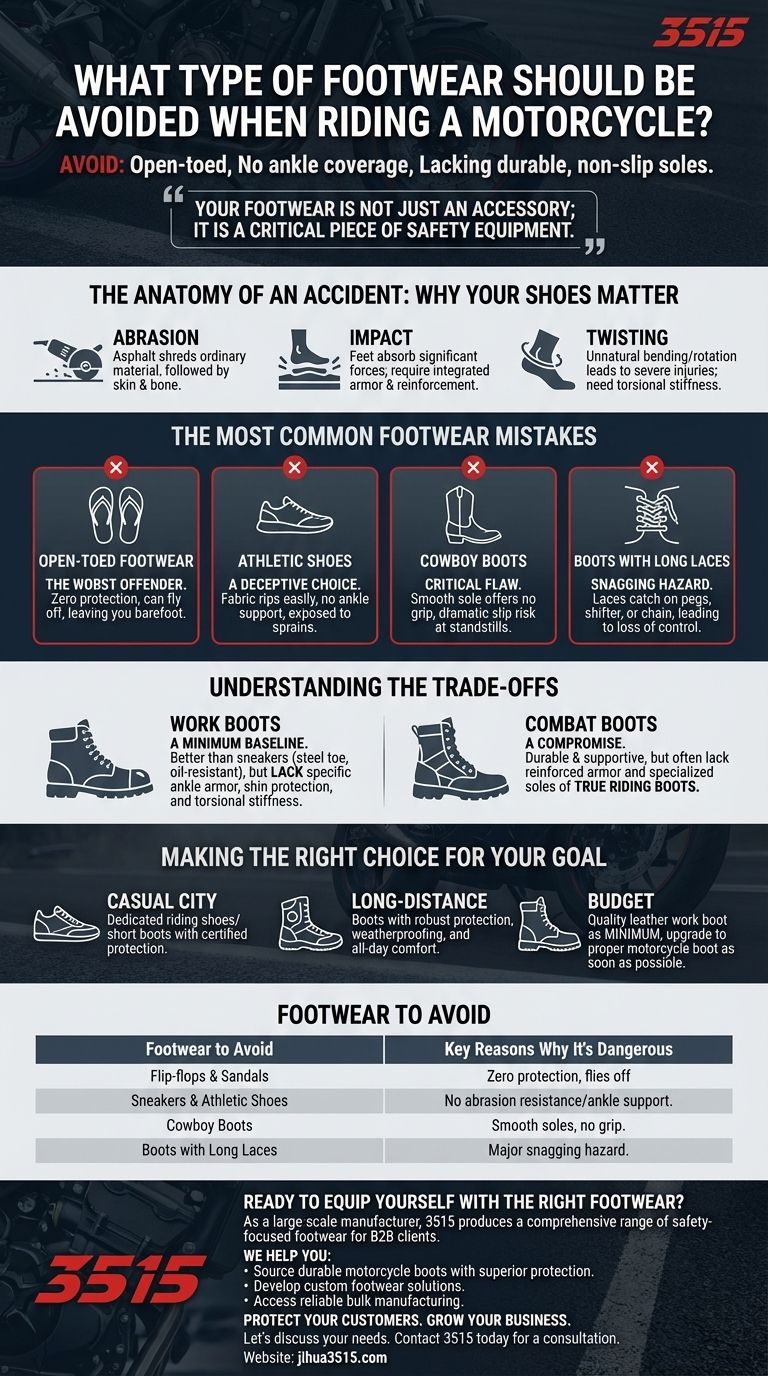 オートバイに乗るときに避けるべき履物はどのような種類ですか？一般的なライディングの危険から足を保護しましょう ビジュアルガイド
