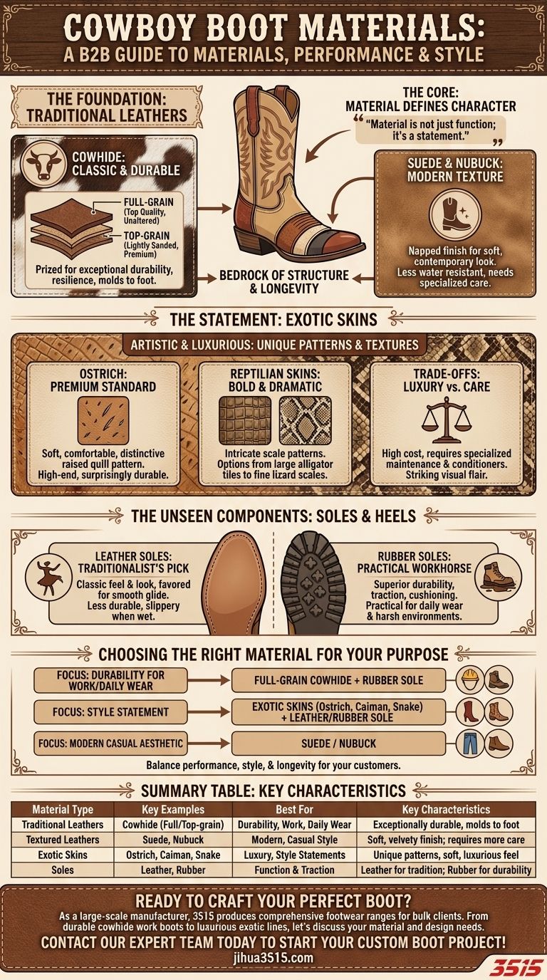 ¿Qué materiales se utilizan comúnmente para las botas de vaquero? Una guía sobre cuero, exóticos y suelas Guía Visual