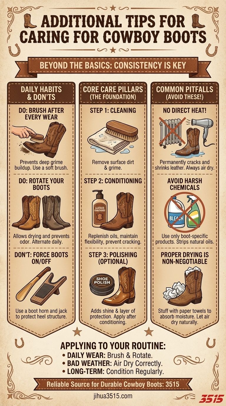 Quais são algumas dicas adicionais para cuidar de botas de cowboy? Hábitos essenciais para botas duradouras Guia Visual