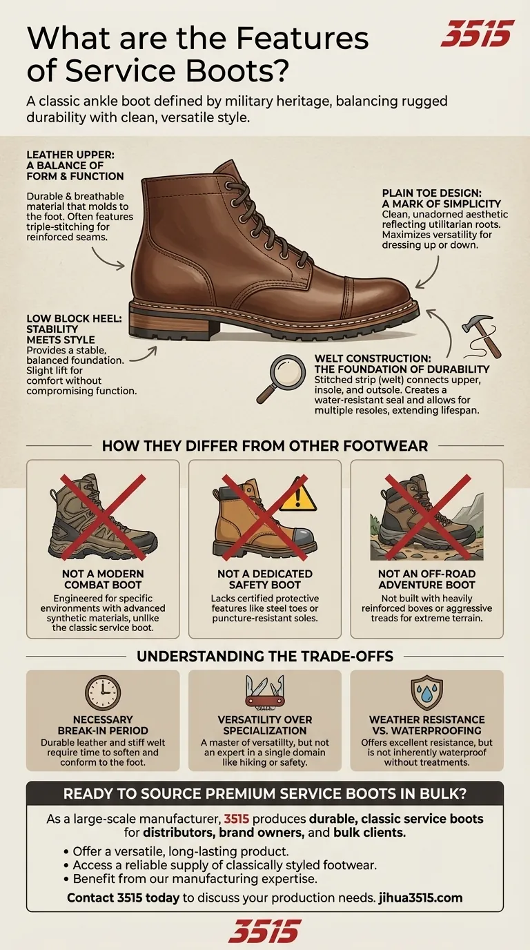 서비스 부츠의 특징은 무엇인가요? 클래식하고 튼튼하며 다용도인 부츠 가이드 시각적 가이드