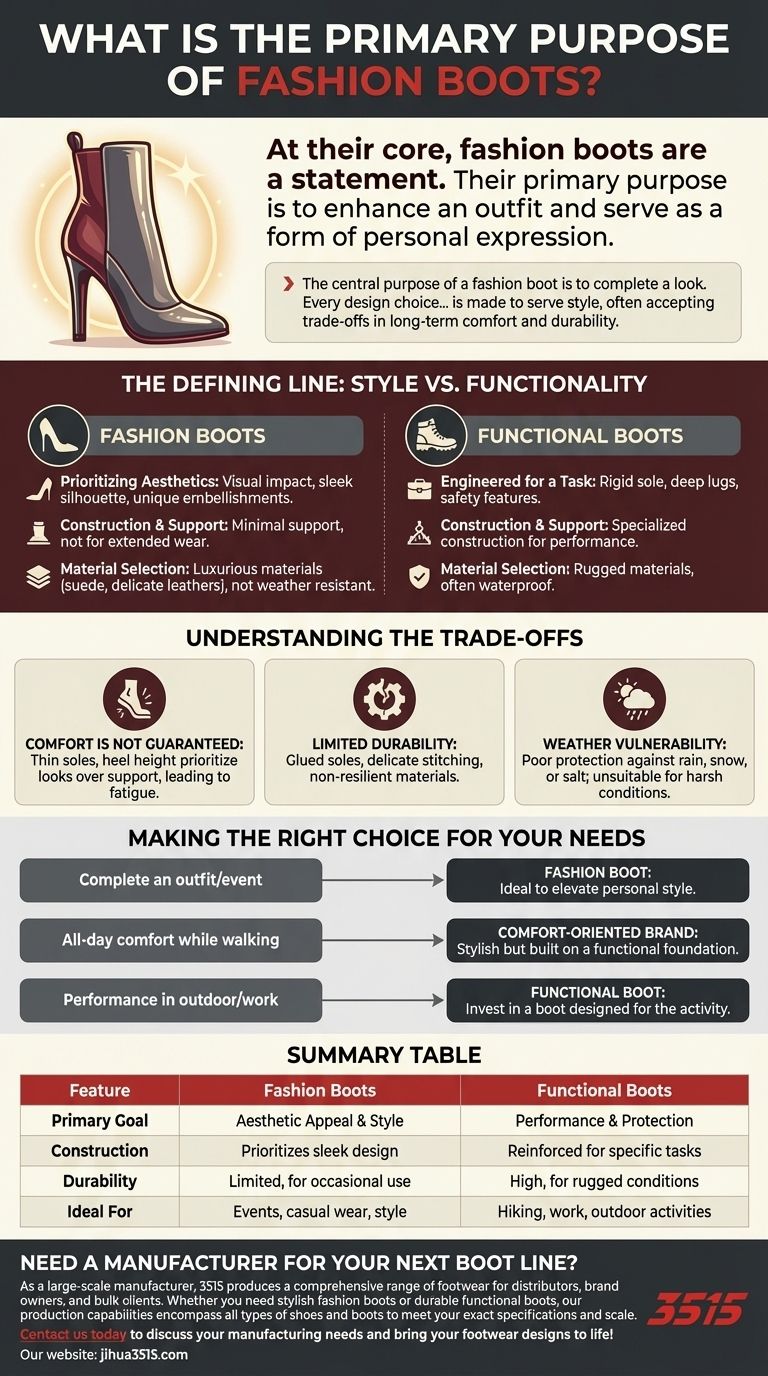 Qual é o propósito principal das botas de moda? A) Uma declaração de estilo acima da função Guia Visual