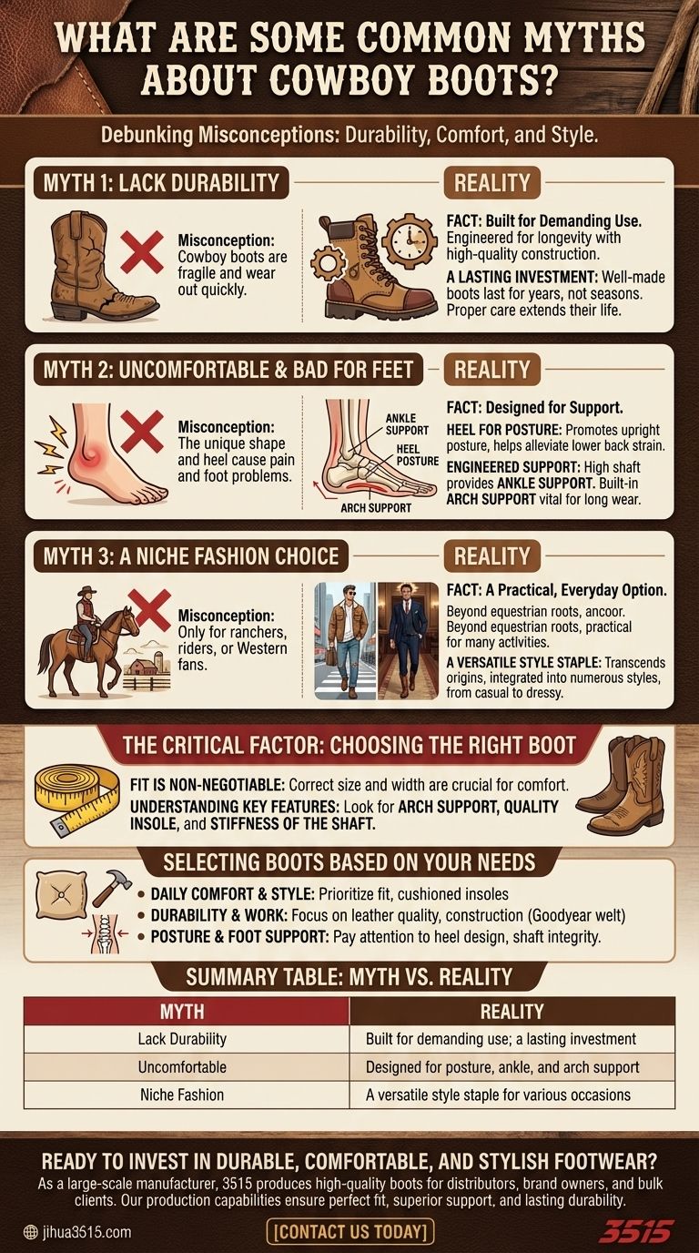 Quali sono alcuni miti comuni sugli stivali da cowboy? Sfatati per comfort, durata ed eleganza Guida Visiva