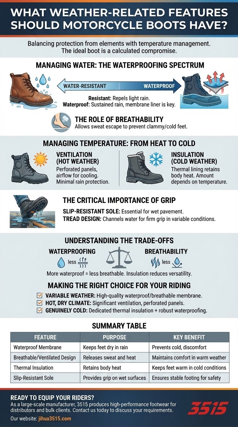 オートバイのブーツにはどのような天候関連の機能が必要ですか？どんな状況でもドライ＆セーフに保つ ビジュアルガイド