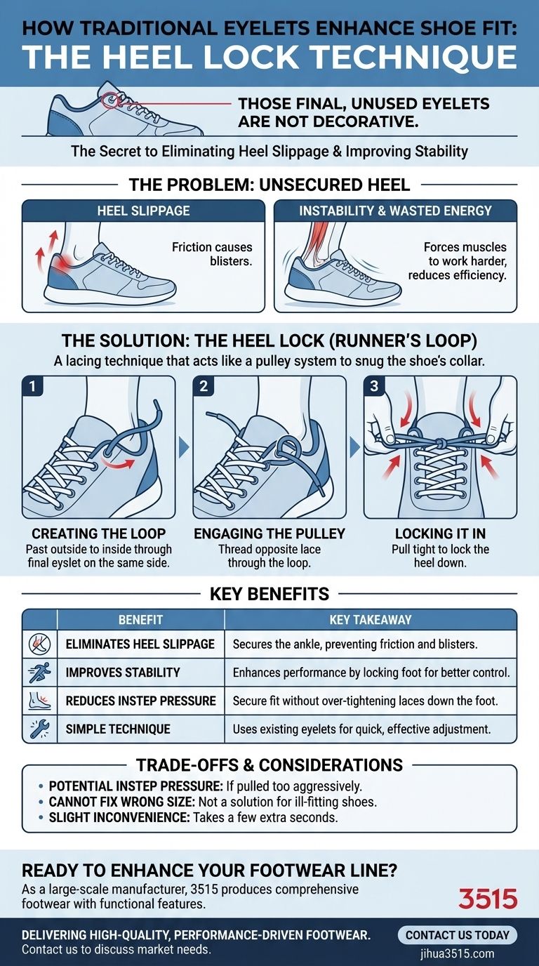 ¿Cómo mejoran el ajuste del zapato los ojales tradicionales en la parte superior del sistema de cordones? Bloquea tu talón para una máxima comodidad Guía Visual