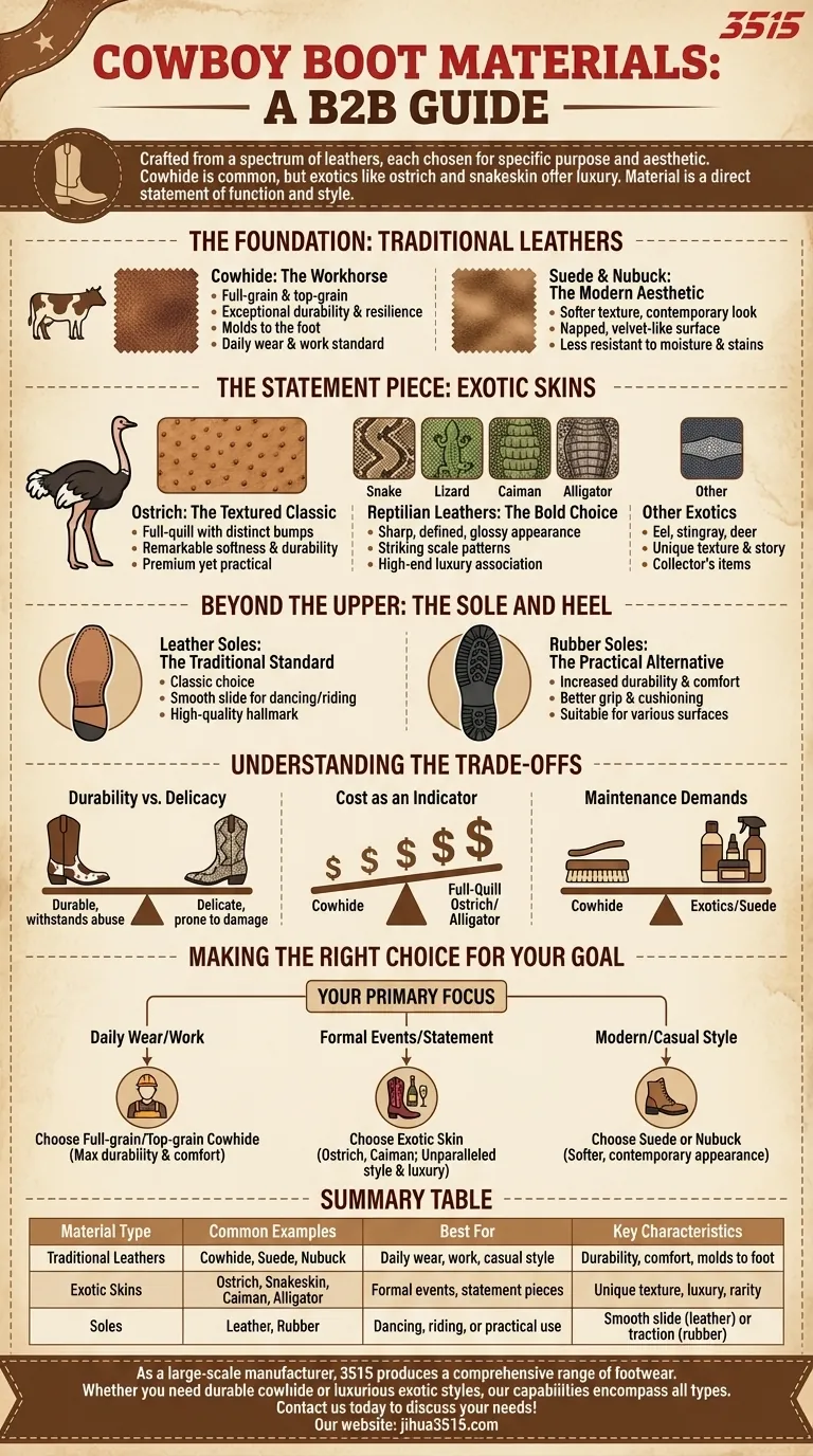 Quais são os materiais típicos para botas de cowboy? De couro de boi a couros exóticos Guia Visual