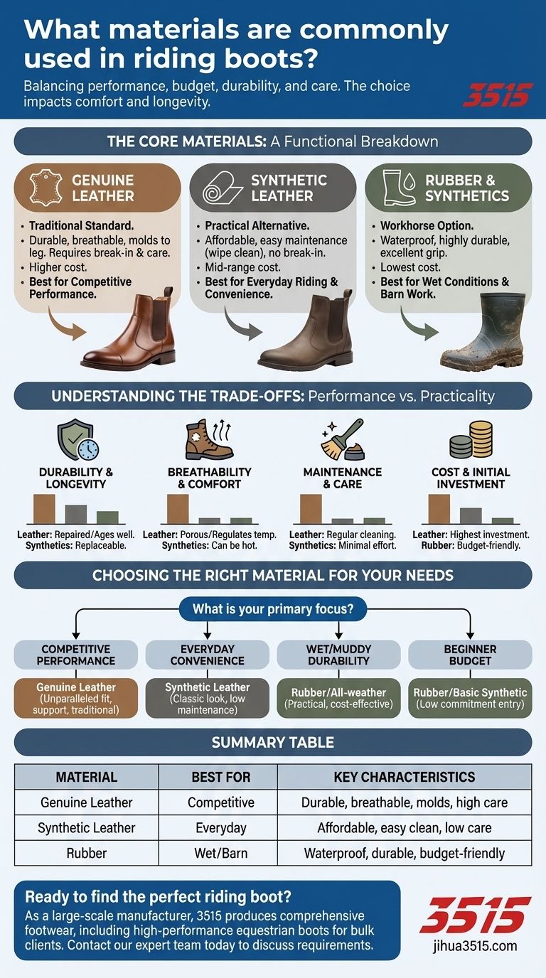 ¿Qué materiales se utilizan comúnmente en las botas de montar? Una guía sobre cuero, sintéticos y caucho Guía Visual