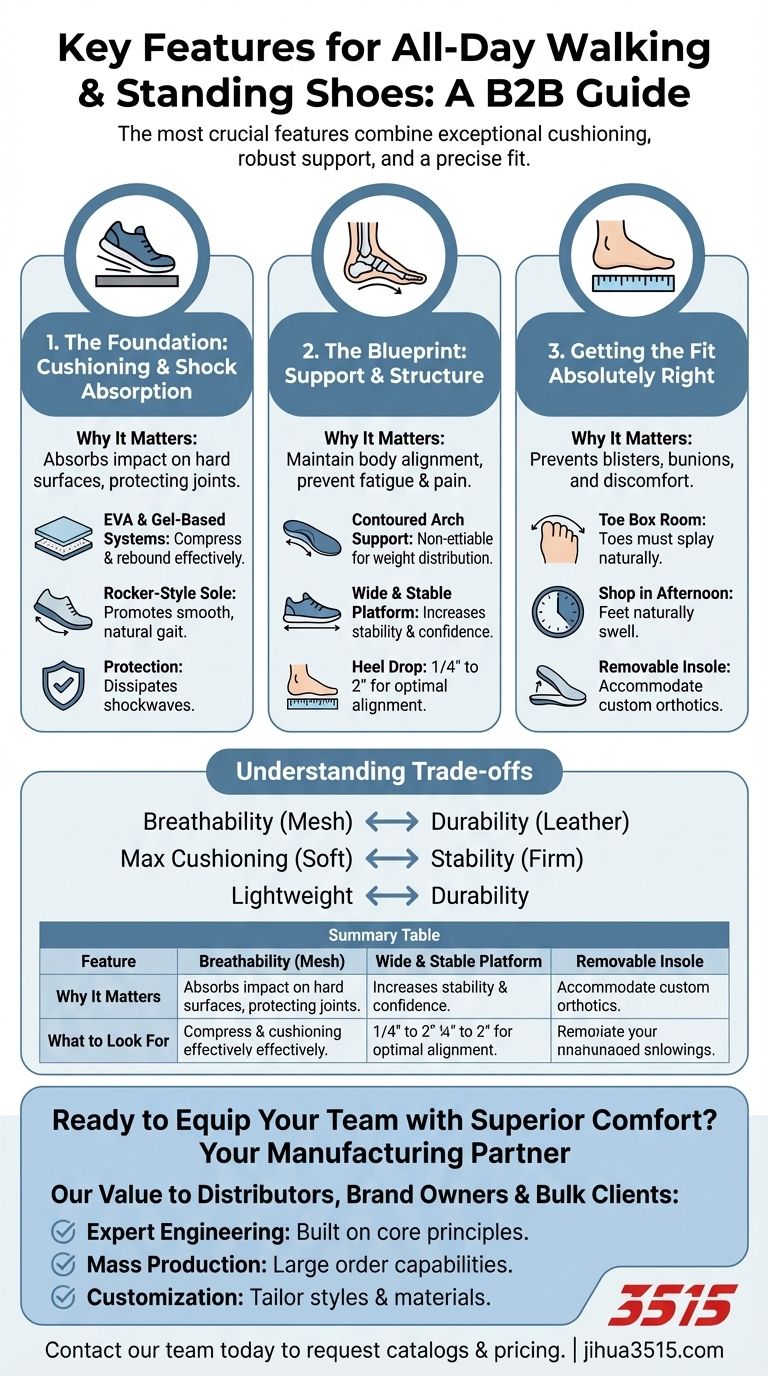 Quelles sont les caractéristiques clés à rechercher dans des chaussures conçues pour marcher et rester debout toute la journée ? Guide Visuel