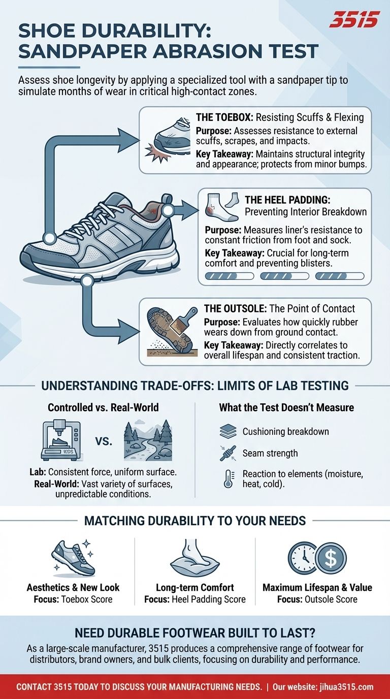 ¿Qué partes del zapato se evalúan con una herramienta de punta de lija? Descubra las 3 Zonas Clave de Prueba de Durabilidad Guía Visual