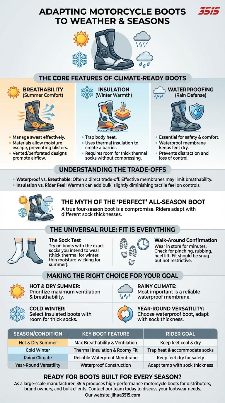 How should riders adapt boot choices to weather and seasons? Match Your Gear to the Forecast Visual Guide
