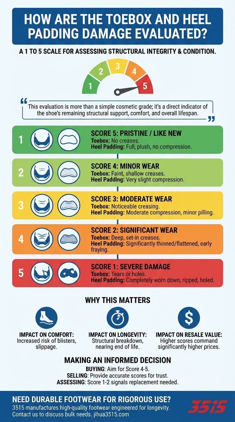 ¿Cómo se evalúa el daño en la puntera y el acolchado del talón? Una guía de escala de 1 a 5 sobre el estado del calzado Guía Visual