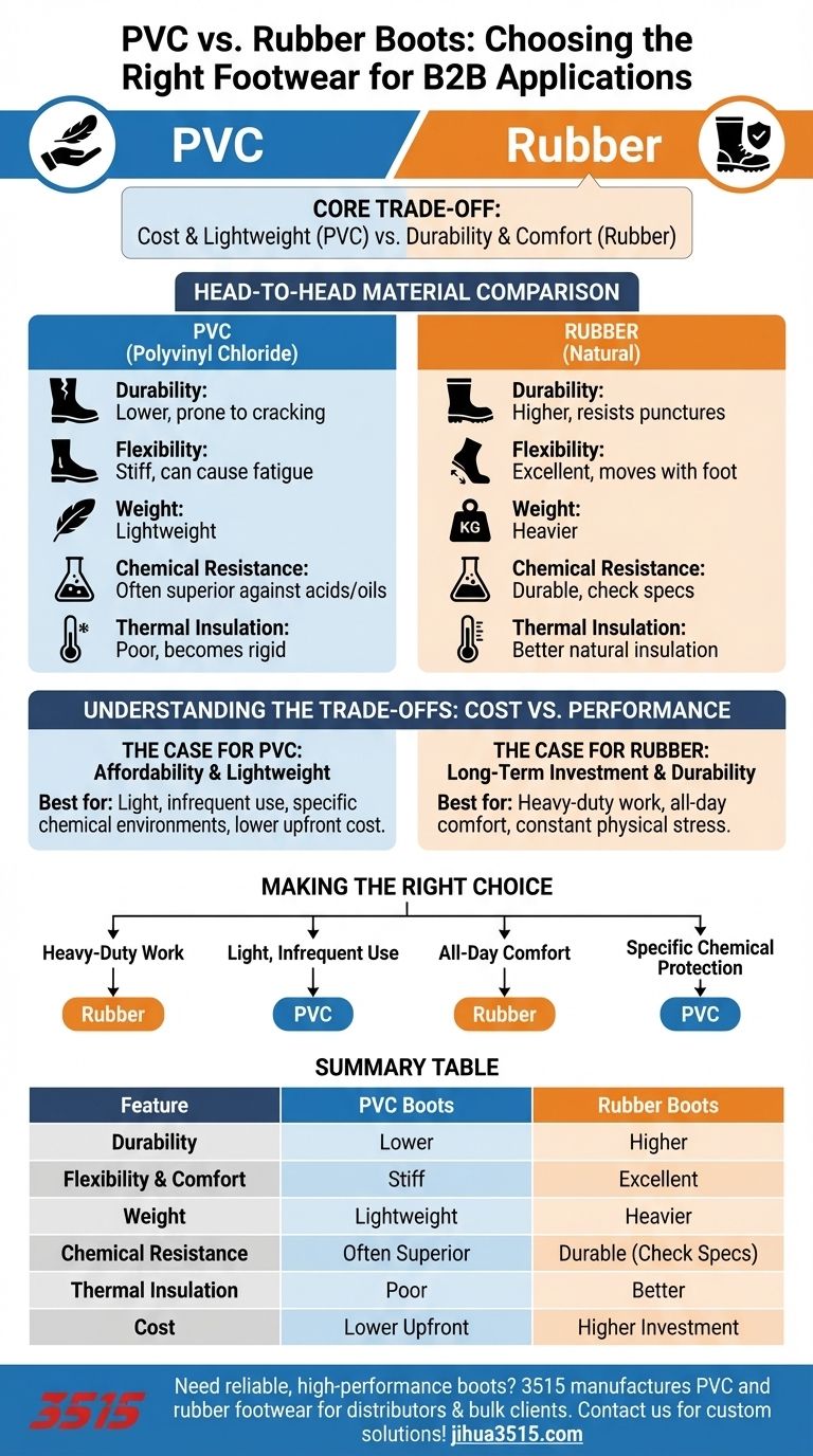 Quels facteurs prendre en compte lors du choix entre des bottes en PVC et en caoutchouc ? Un guide sur la durabilité par rapport au coût Guide Visuel