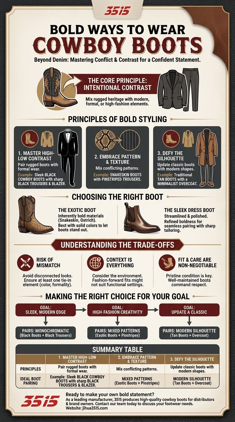Quelle est une façon audacieuse de porter des bottes de cowboy ? Faites une déclaration avec un style à fort contraste Guide Visuel
