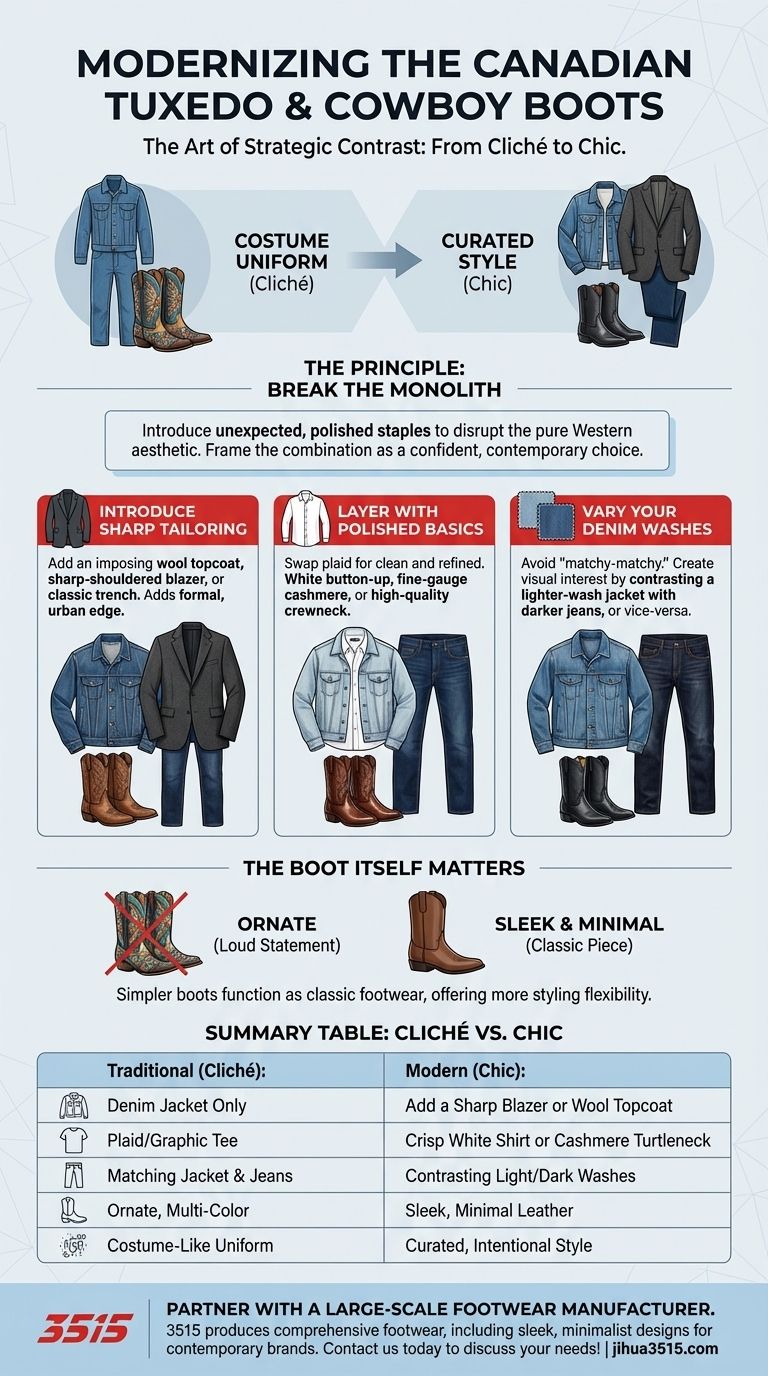 Was ist der Trick, damit ein kanadischer Smoking und Cowboystiefel weniger klischeehaft wirken? Modernisieren Sie mit strategischem Kontrast Visuelle Anleitung