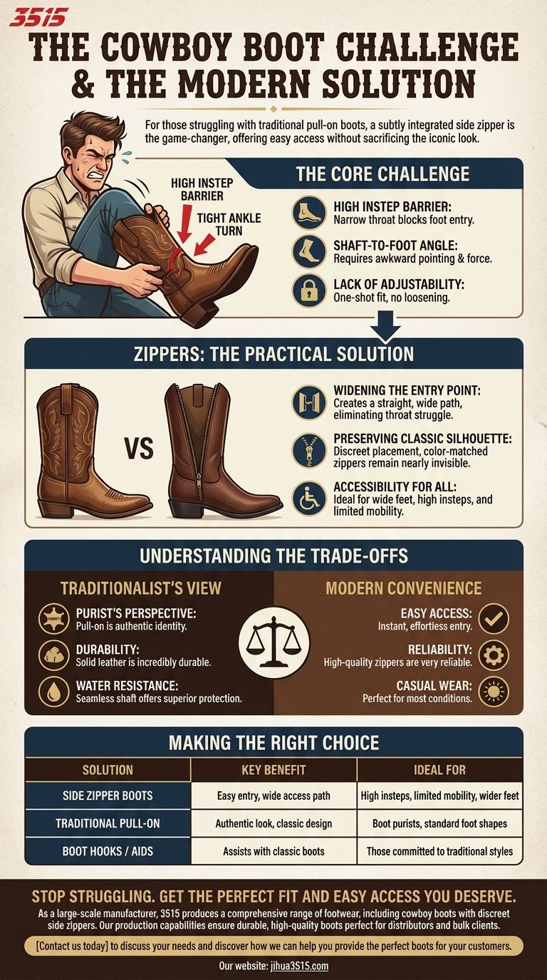 对于那些穿牛仔靴有困难的人有什么解决方案？了解易穿拉链靴 图解指南