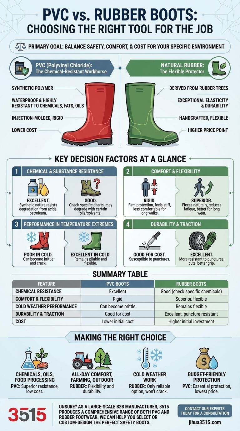 Quel est l'objectif principal lors du choix entre des bottes en PVC et en caoutchouc ? Adaptez vos besoins en matière de sécurité, de confort et de coût Guide Visuel