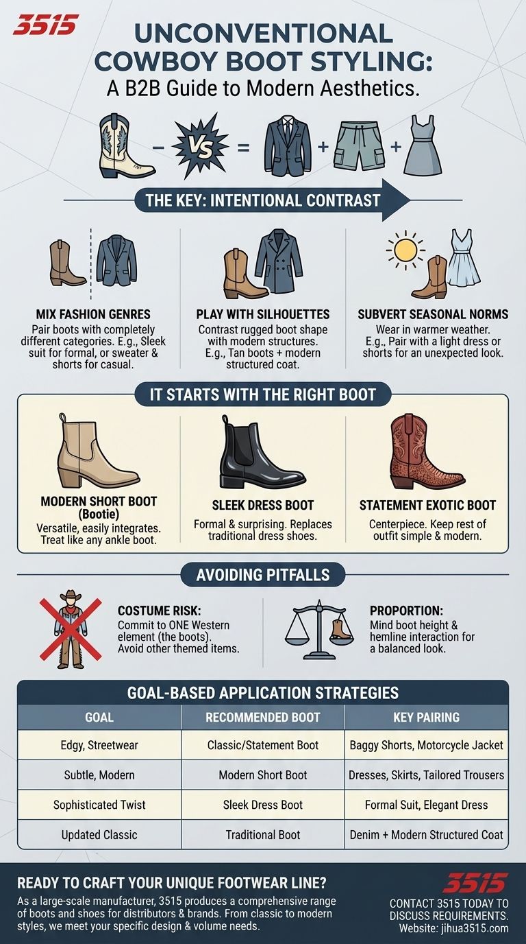 ¿Cómo se pueden combinar las botas de cowboy de forma poco convencional? Rompe con la tradición con combinaciones modernas Guía Visual