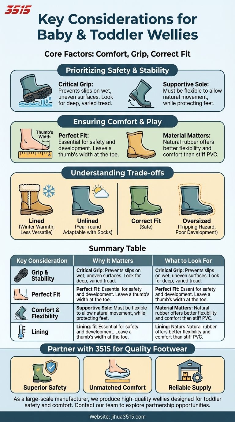 ما هي الاعتبارات الرئيسية عند اختيار أحذية المطر للأطفال الصغار والرضع؟ ضمان السلامة والراحة للعب النشط دليل مرئي