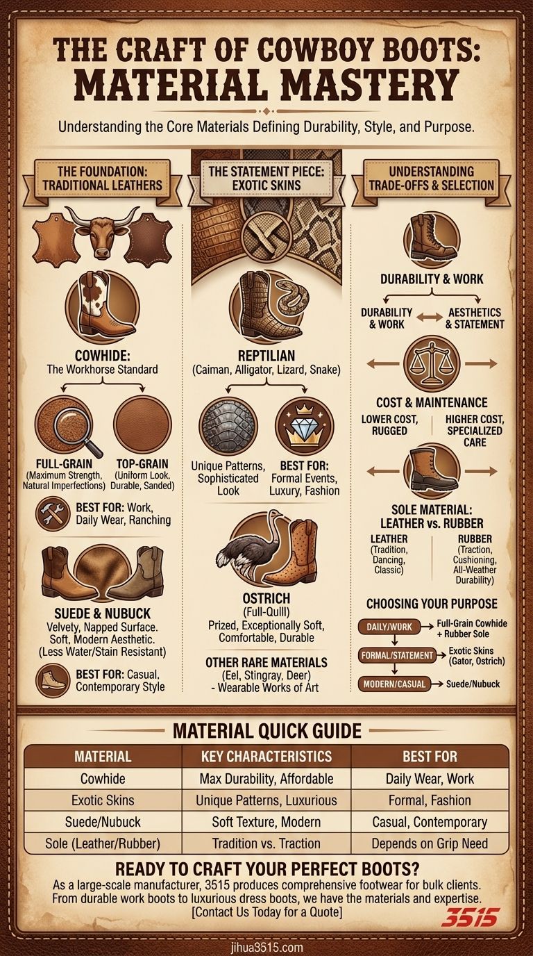 Welche Hauptmaterialien werden für Cowboystiefel verwendet? Von Rindsleder bis zu exotischen Häuten Visuelle Anleitung