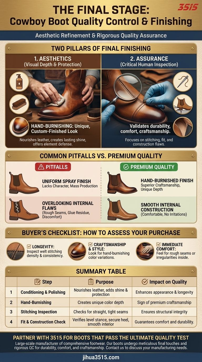 カウボーイブーツの最終仕上げと品質管理では何が行われますか？ 優れた職人技への最終ステップ ビジュアルガイド