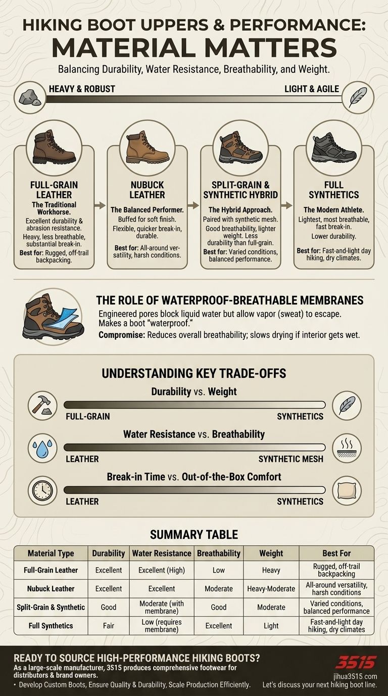 등산화 갑피에 사용되는 소재와 성능에 미치는 영향은 무엇인가요? 하이킹에 적합한 부츠 선택하기 시각적 가이드