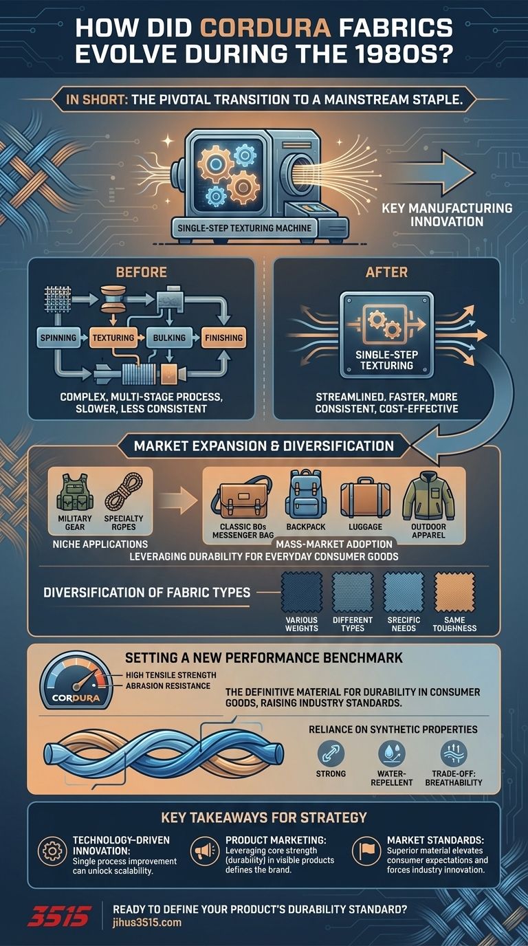 ¿Cómo evolucionaron los tejidos Cordura durante la década de 1980? De nicho a mercado masivo a través de avances en la fabricación Guía Visual