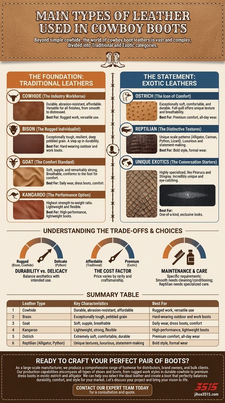 ما هي الأنواع الرئيسية للجلود المستخدمة في أحذية رعاة البقر؟ اكتشف المادة المثالية للعمل أو الأناقة دليل مرئي