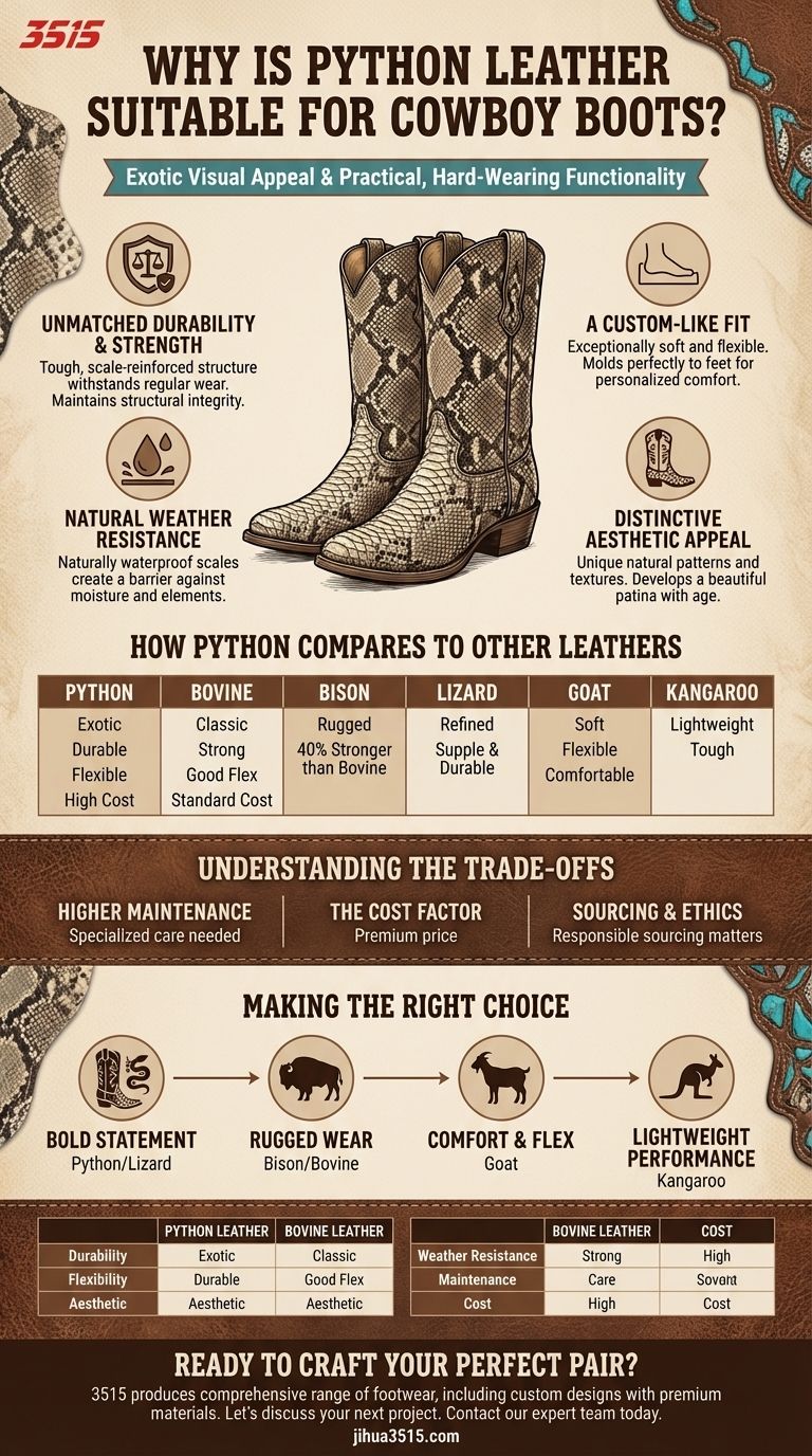 Почему кожа питона подходит для ковбойских сапог? Непревзойденная долговечность и стиль Визуальное руководство