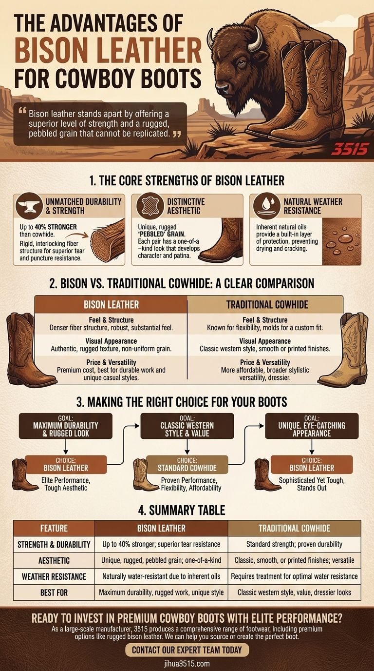 카우보이 부츠에 물소 가죽을 사용하는 것의 장점은 무엇인가요? 비할 데 없는 내구성과 독특한 스타일 시각적 가이드