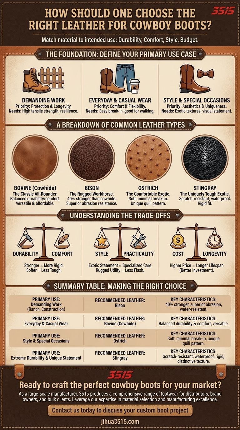 How to choose the right leather for cowboy boots? Match material to your primary use case. Visual Guide