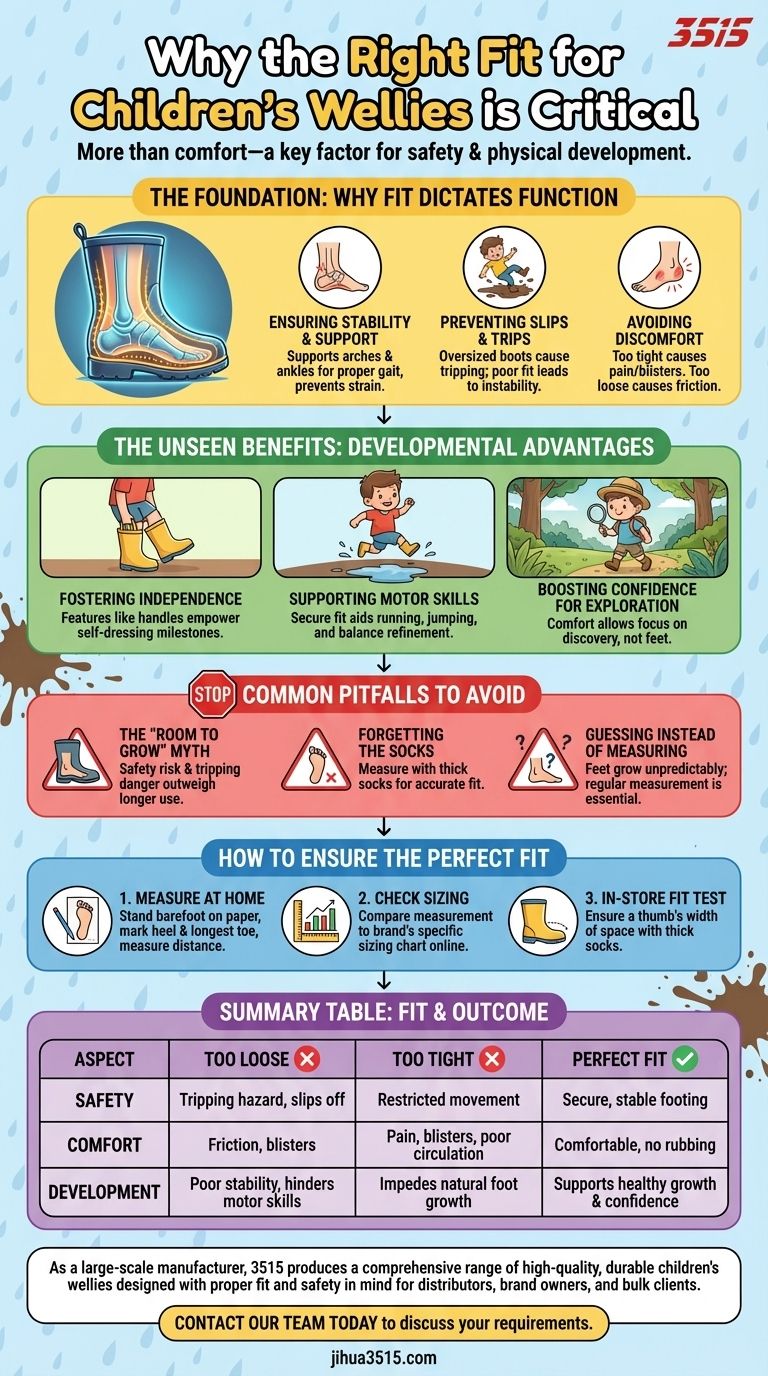 아이들의 웰링턴 부츠를 제대로 고르는 것이 왜 중요할까요? 성장하는 발에 안전과 지지력을 보장하세요. 시각적 가이드