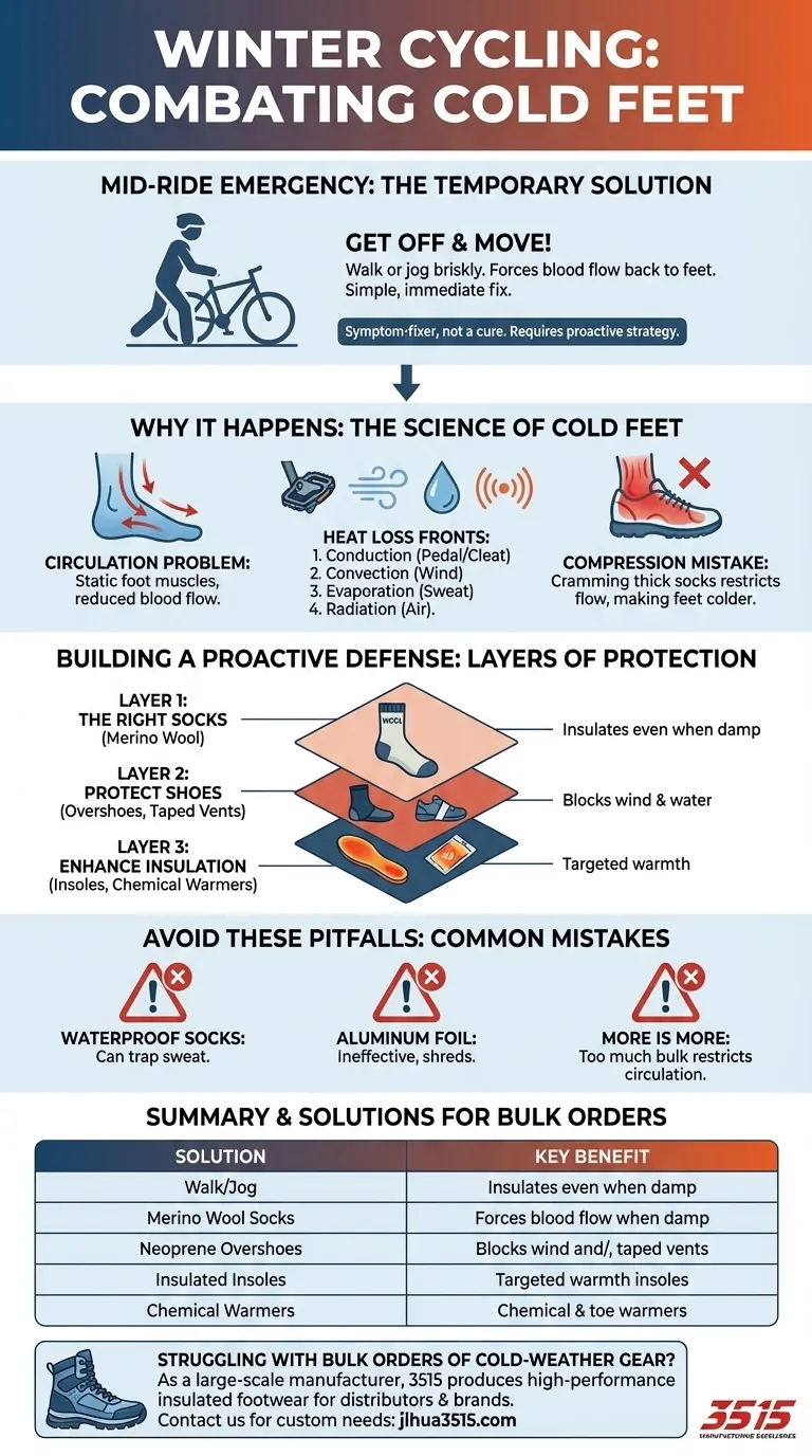 Quale soluzione temporanea può scaldare i piedi freddi durante il ciclismo invernale? Scendi e cammina per ripristinare la circolazione Guida Visiva