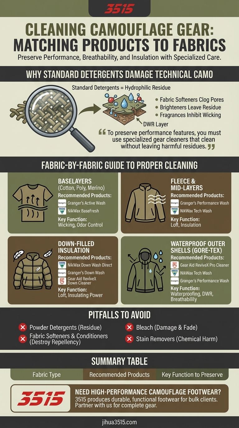 さまざまな種類の迷彩服の生地におすすめのクリーニング製品は何ですか？ギアの性能を守る ビジュアルガイド