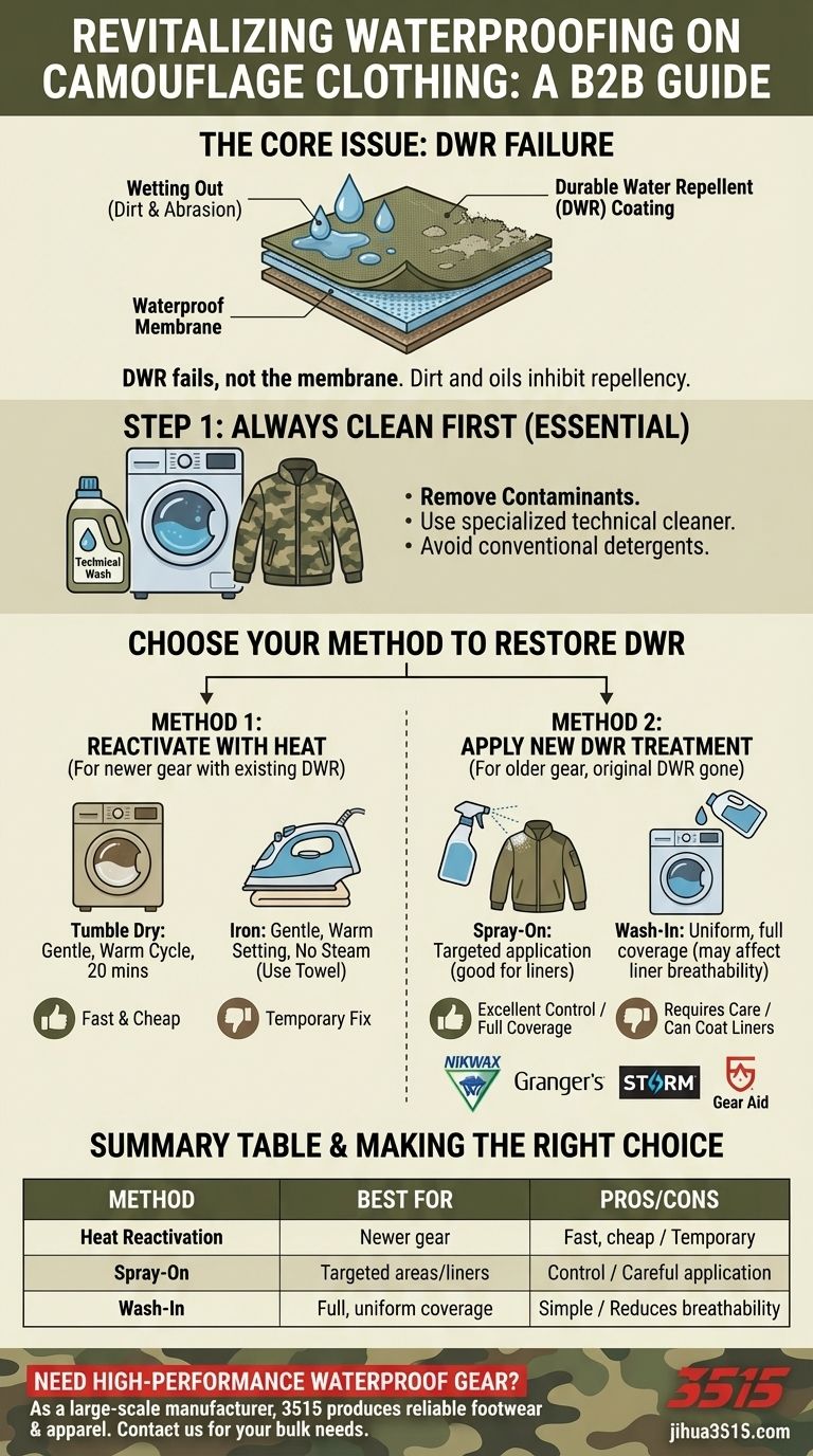 위장복의 방수 성능을 되살릴 수 있는 방법은 무엇인가요? 장비의 DWR 코팅 복원 시각적 가이드