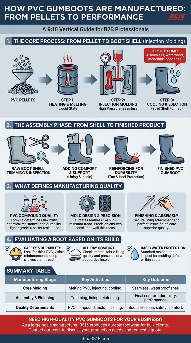 Come vengono fabbricati gli stivali di gomma in PVC? Uno sguardo all'interno del processo di stampaggio a iniezione Guida Visiva