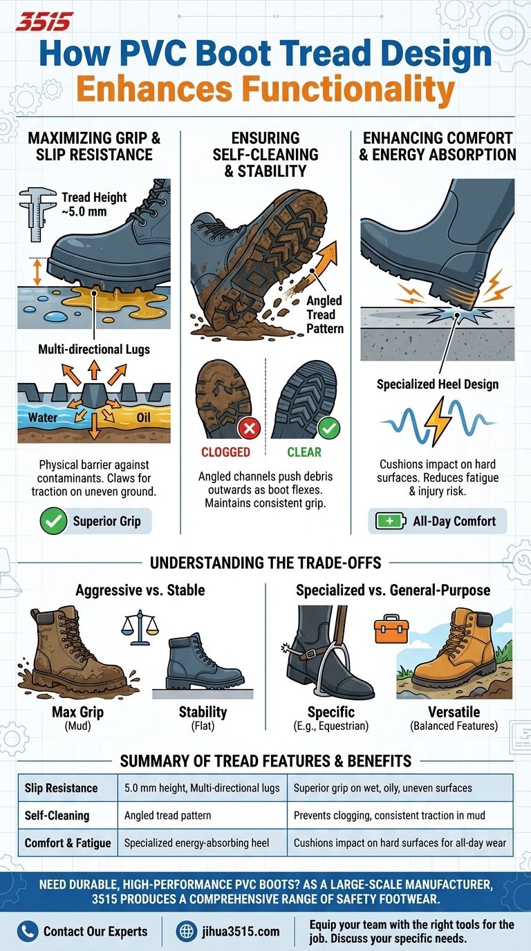 PVC 부츠의 트레드 디자인은 어떻게 기능성을 향상시키나요? 작업자의 안전과 편안함을 향상시키세요. 시각적 가이드