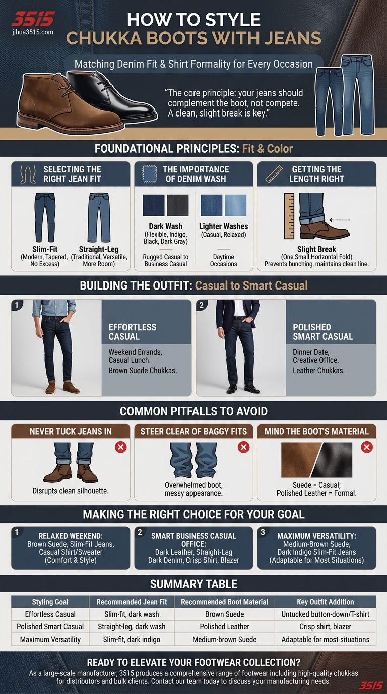 如何用牛仔裤搭配查卡靴？掌握从休闲到商务休闲的完美造型 图解指南